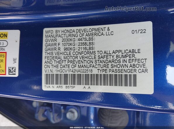 1HGCV1F42NA022518 2022 HONDA ACCORD Blue Շարժիչի բաժամունքի տեսք