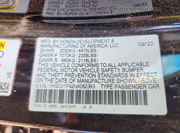 1HGCV1F42NA082363 2022 HONDA ACCORD Black Շարժիչի բաժամունքի տեսք