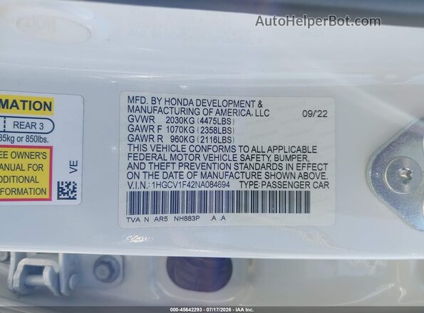 1HGCV1F42NA084694 2022 HONDA ACCORD Белый Вид подкапотного пространства