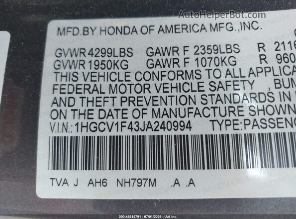 1HGCV1F43JA240994 2018 HONDA ACCORD Gray Widok komory silnika