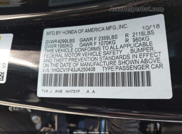 1HGCV1F43JA250408 2018 HONDA ACCORD Black Вид підкапотного простору