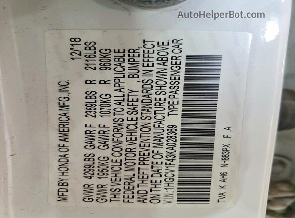 1HGCV1F43KA028369 2019 HONDA ACCORD White VIN կոդի պիտակի տեսք