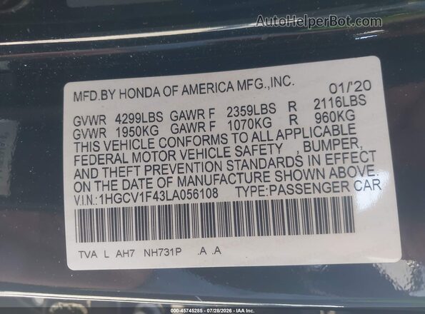 1HGCV1F43LA056108 2020 HONDA ACCORD Black Engine compartment view