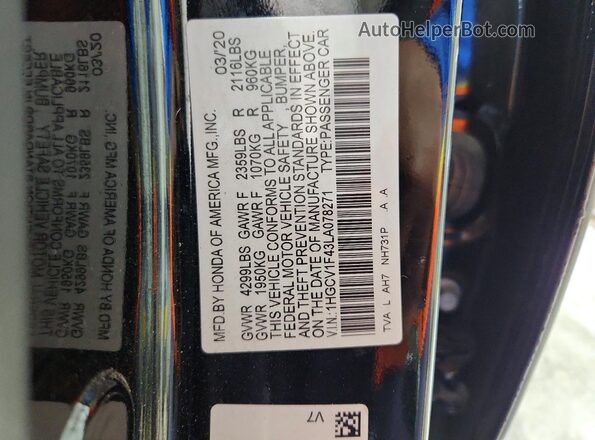 1HGCV1F43LA078271 2020 HONDA ACCORD Black Vista del compartimento del motor
