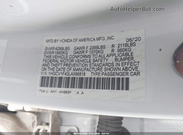 1HGCV1F43LA096818 2020 HONDA ACCORD Белый Вид подкапотного пространства