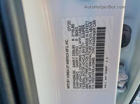 1HGCV1F43LA109485 2020 HONDA ACCORD White Widok naklejki z numerem VIN