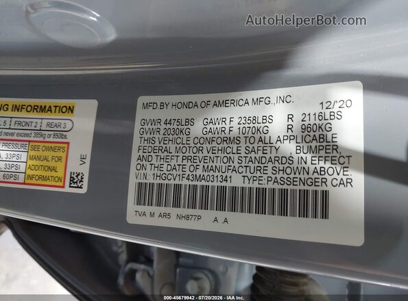 1HGCV1F43MA031341 2021 HONDA ACCORD Light Blue Vista del compartimento del motor