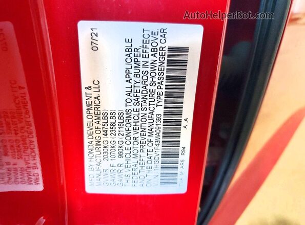1HGCV1F43MA091393 2021 HONDA ACCORD Maroon Engine compartment view