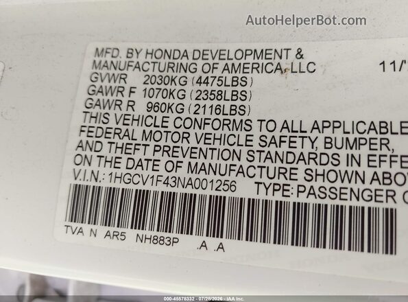 1HGCV1F43NA001256 2022 HONDA ACCORD Белый Вид подкапотного пространства