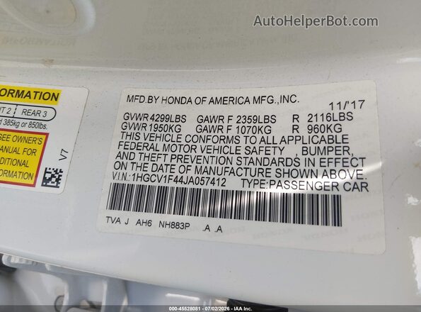 1HGCV1F44JA057412 2018 HONDA ACCORD White ძრავის განყოფილების ხედი