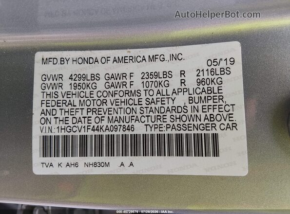 1HGCV1F44KA097846 2019 HONDA ACCORD Silver Engine compartment view