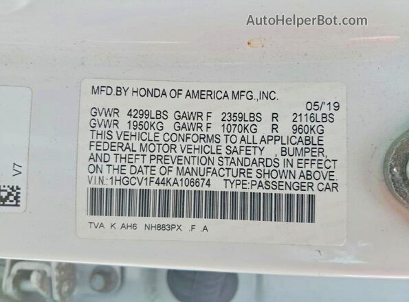 1HGCV1F44KA106674 2019 HONDA ACCORD White Engine compartment view