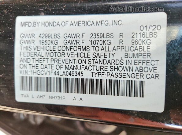 1HGCV1F44LA049345 2020 HONDA ACCORD Black Widok komory silnika