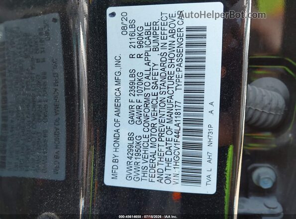 1HGCV1F44LA118177 2020 HONDA ACCORD Black Engine compartment view
