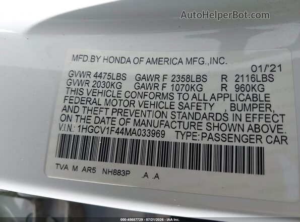 1HGCV1F44MA033969 2021 HONDA ACCORD Белый Вид подкапотного пространства