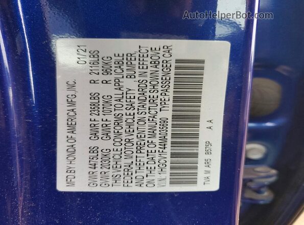 1HGCV1F44MA035690 2021 HONDA ACCORD Blue Вид підкапотного простору