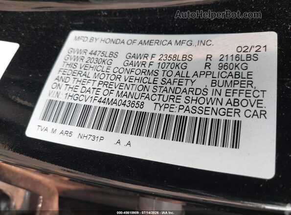 1HGCV1F44MA043658 2021 HONDA ACCORD Black Engine compartment view