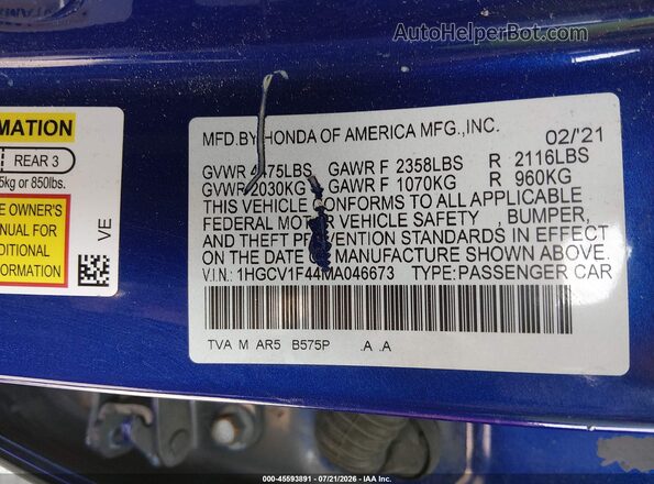 1HGCV1F44MA046673 2021 HONDA ACCORD Blue ძრავის განყოფილების ხედი