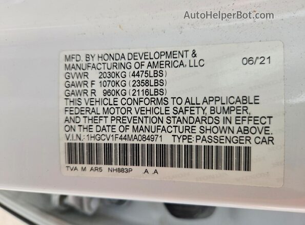 1HGCV1F44MA084971 2021 HONDA ACCORD White ძრავის განყოფილების ხედი