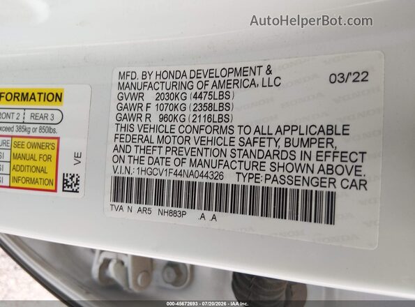 1HGCV1F44NA044326 2022 HONDA ACCORD White Widok komory silnika
