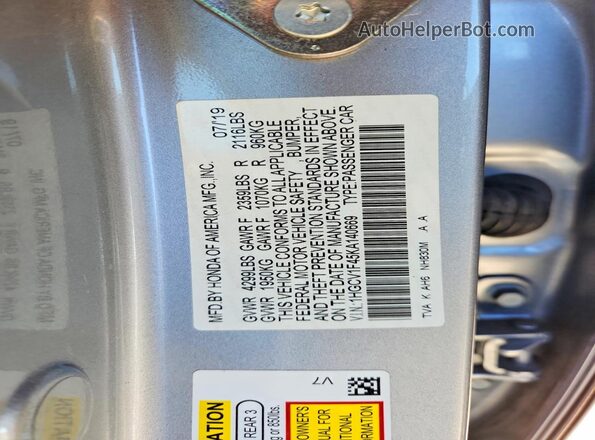 1HGCV1F45KA140669 2019 HONDA ACCORD Gray Շարժիչի բաժամունքի տեսք