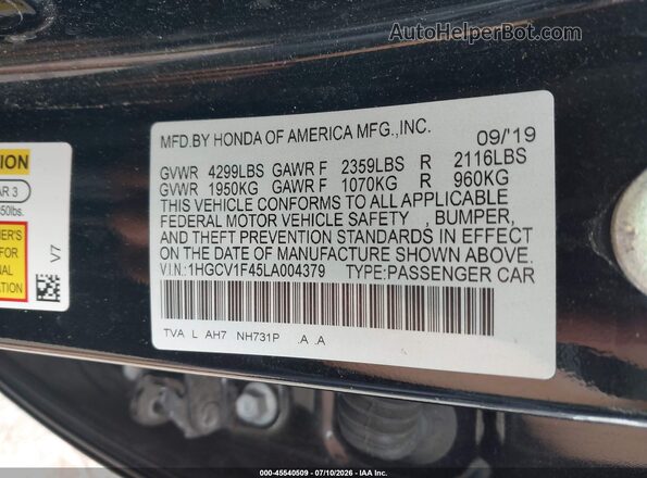 1HGCV1F45LA004379 2020 HONDA ACCORD Черный Вид подкапотного пространства