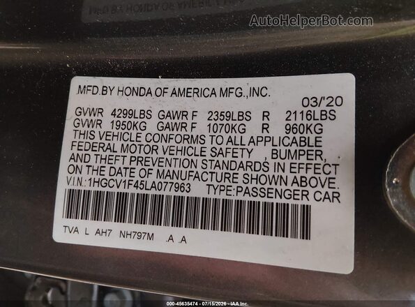 1HGCV1F45LA077963 2020 HONDA ACCORD Gray Widok komory silnika