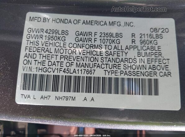 1HGCV1F45LA117667 2020 HONDA ACCORD Gray Շարժիչի բաժամունքի տեսք