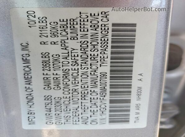 1HGCV1F45MA007090 2021 HONDA ACCORD Серебряный Вид подкапотного пространства