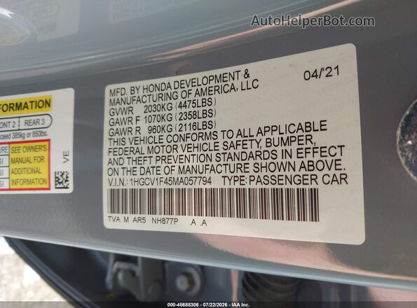 1HGCV1F45MA057794 2021 HONDA ACCORD Blue Engine compartment view