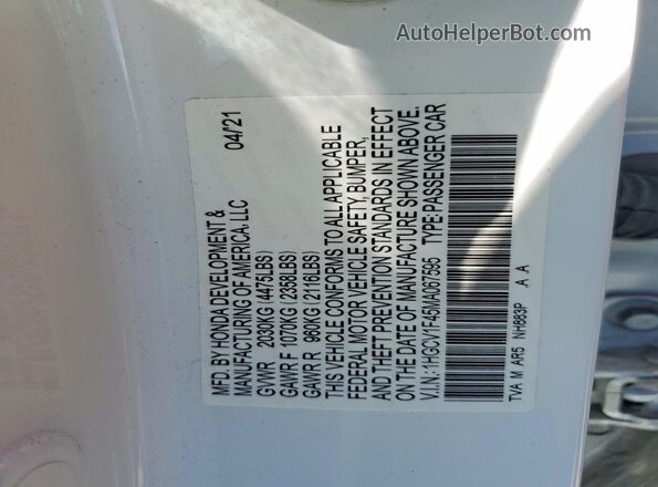 1HGCV1F45MA067595 2021 HONDA ACCORD White ძრავის განყოფილების ხედი