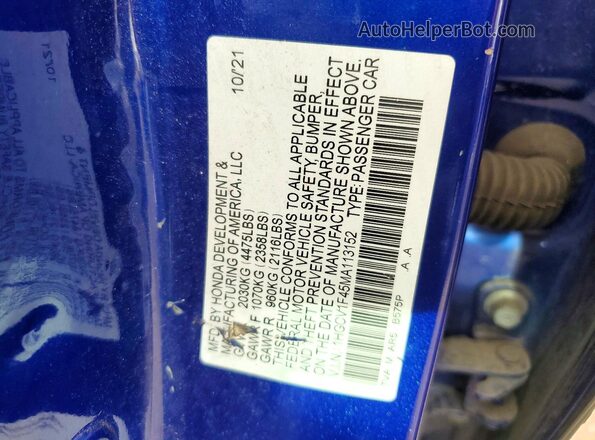 1HGCV1F45MA113152 2021 HONDA ACCORD Синий Вид подкапотного пространства