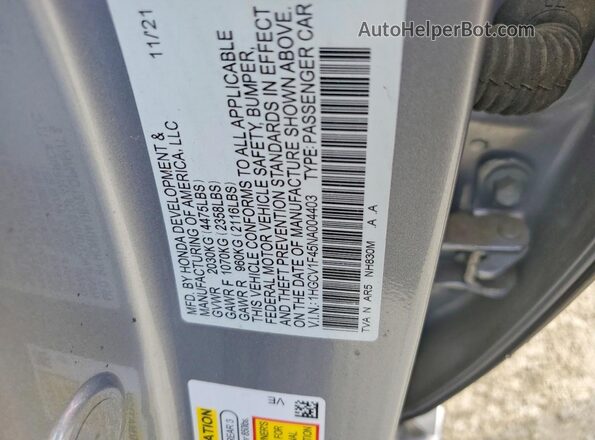 1HGCV1F45NA004403 2022 HONDA ACCORD Silver Widok naklejki z numerem VIN