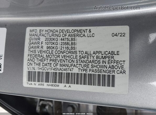 1HGCV1F45NA046747 2022 HONDA ACCORD Silver Вид підкапотного простору