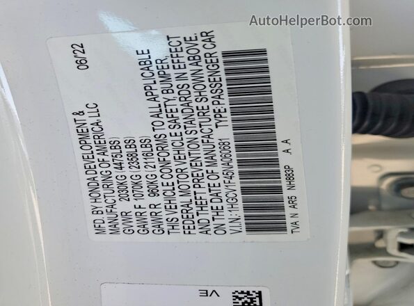 1HGCV1F45NA060681 2022 HONDA ACCORD White ძრავის განყოფილების ხედი