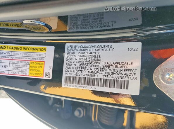 1HGCV1F45NA098511 2022 HONDA ACCORD Black Engine compartment view
