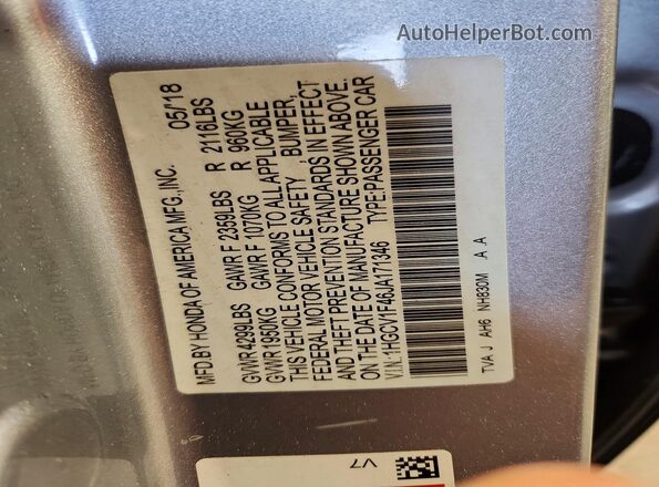 1HGCV1F46JA171346 2018 HONDA ACCORD Silver Շարժիչի բաժամունքի տեսք