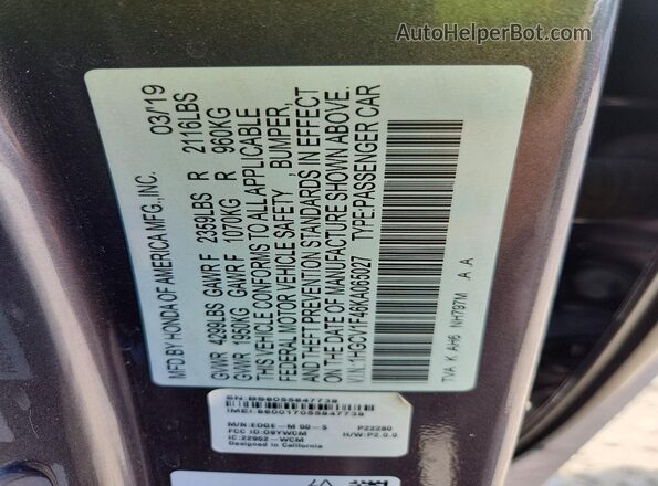 1HGCV1F46KA065027 2019 HONDA ACCORD Gray Вид наклейки з VIN-кодом