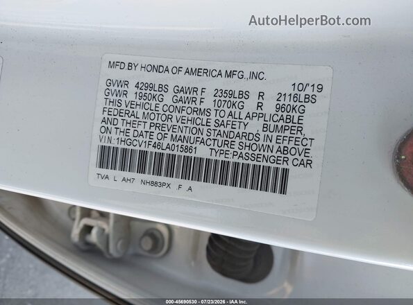 1HGCV1F46LA015861 2020 HONDA ACCORD White ძრავის განყოფილების ხედი