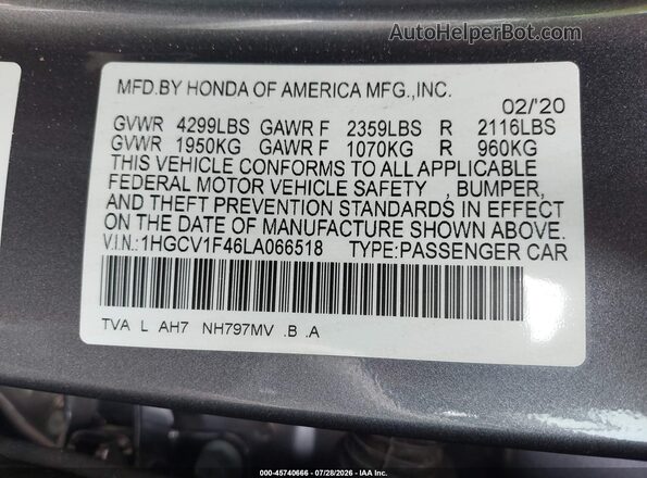 1HGCV1F46LA066518 2020 HONDA ACCORD Gray Вид підкапотного простору