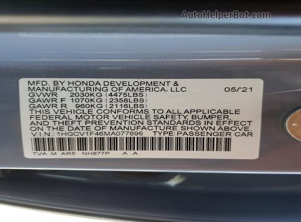 1HGCV1F46MA077696 2021 HONDA ACCORD Серый Вид подкапотного пространства