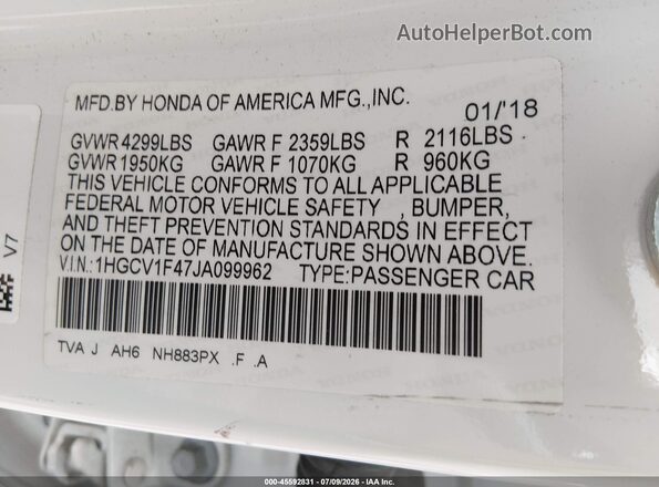 1HGCV1F47JA099962 2018 HONDA ACCORD White ძრავის განყოფილების ხედი