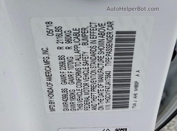 1HGCV1F47JA175843 2018 HONDA ACCORD White Вид підкапотного простору