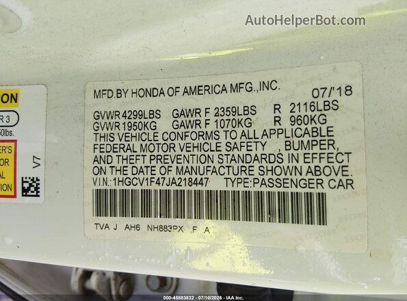 1HGCV1F47JA218447 2018 HONDA ACCORD Белый Вид подкапотного пространства