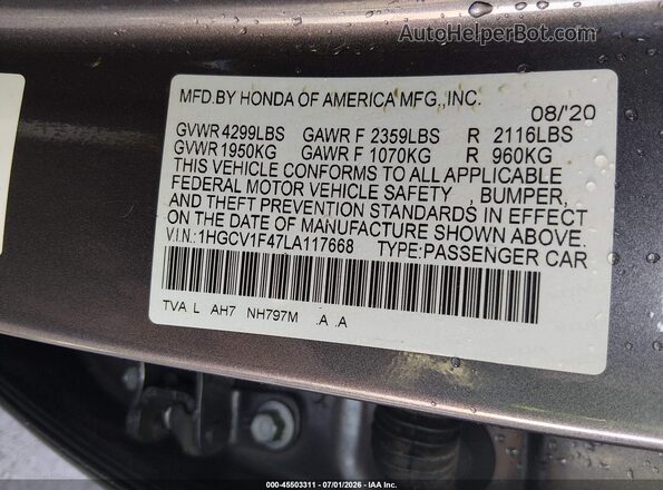 1HGCV1F47LA117668 2020 HONDA ACCORD Gray Vista del compartimento del motor