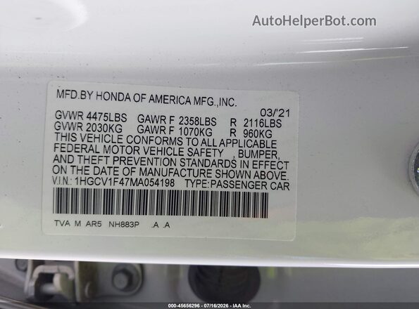 1HGCV1F47MA054198 2021 HONDA ACCORD White Engine compartment view