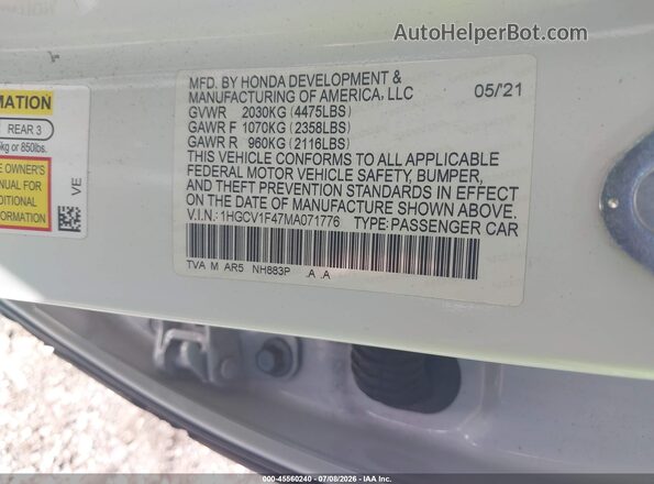 1HGCV1F47MA071776 2021 HONDA ACCORD White Engine compartment view