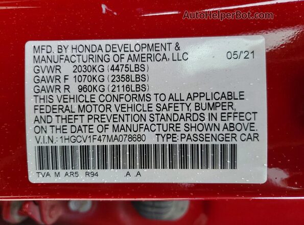 1HGCV1F47MA078680 2021 HONDA ACCORD Red ძრავის განყოფილების ხედი
