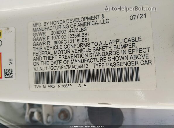 1HGCV1F47MA094412 2021 HONDA ACCORD White Widok komory silnika
