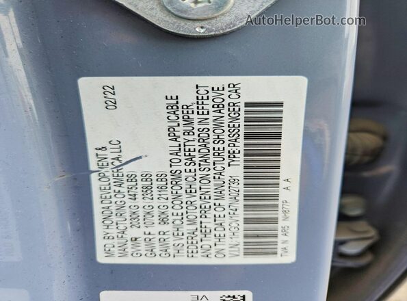 1HGCV1F47NA027391 2022 HONDA ACCORD Blue Շարժիչի բաժամունքի տեսք